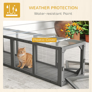  Outdoor Cat Tunnel, Wooden Play Cat Enclosure, Extendable Pet Run with 3 Doors, for Indoor and Outdoor Use, Grey