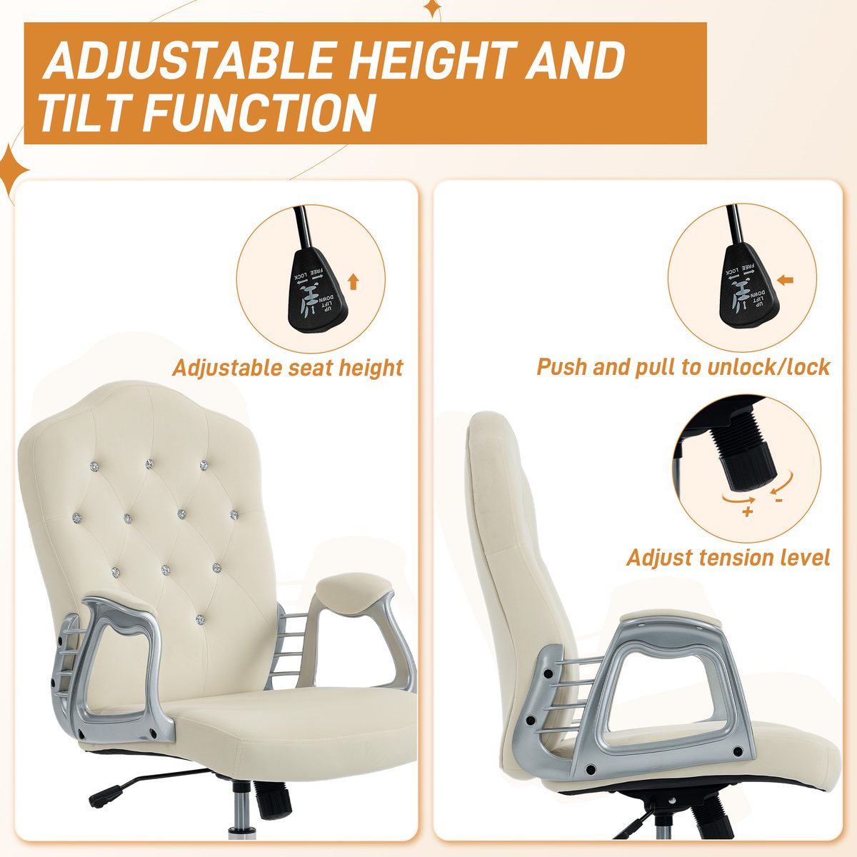  Vanity Office Chair, Velvet Computer Desk Chair with Swivel Wheels, Adjustable Height, Tilt Function, Beige