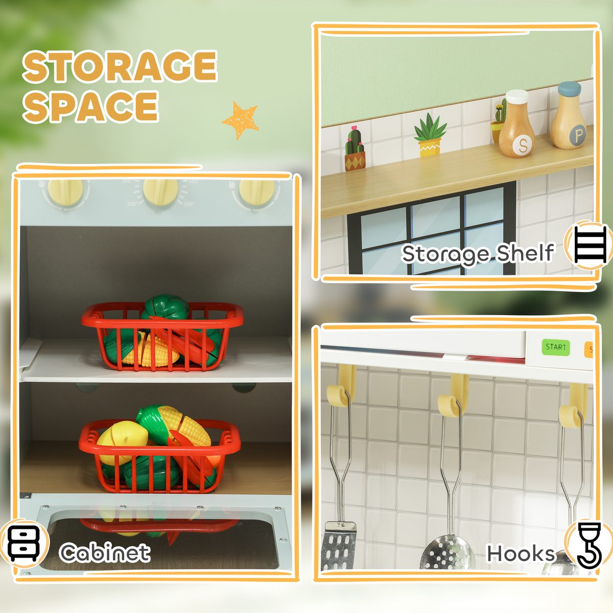 Qaba Pretend Play Kitchen, Kids Kitchen Playset with Stove Microwave Oven, Turning Knobs, Cooking Accessories