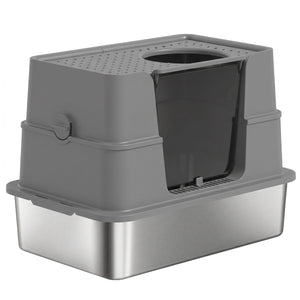  XL Stainless Steel Litter Box w/ 100° Flip Top, Scoop, Side Top Dual Entry, Odor Free, Easy Cleaning, Anti Leakage