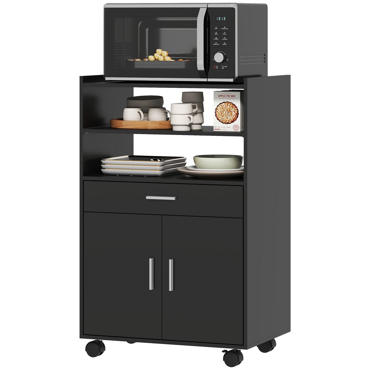  Microwave Cart with Wheels, Microwave Stand with Worktop, Open Shelves and Drawer, Storage Cabinet, Black