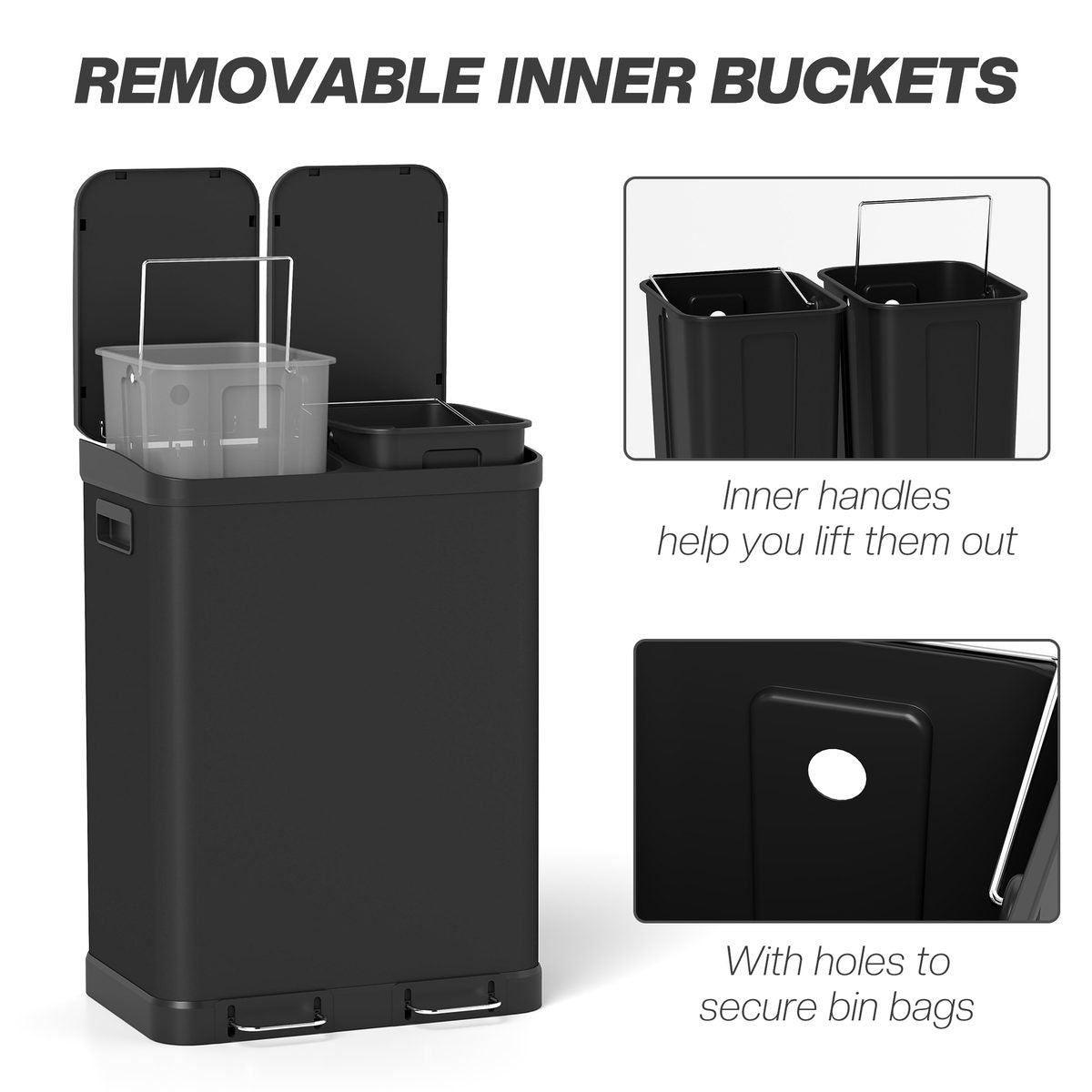  Kitchen Garbage Bin, 2 x 7.9 Gal (2 x 30 L) Trash Can, Soft-Close Garbage Can with Removable Inner Buckets, Black