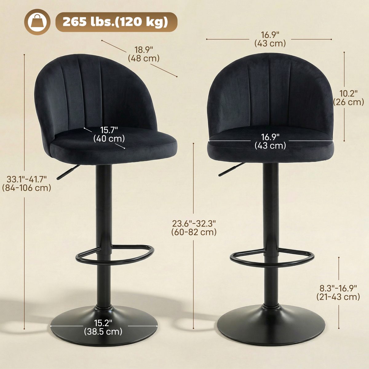  Bar Stools Set of 2, Swivel Counter Height Barstools with Footrest, Black