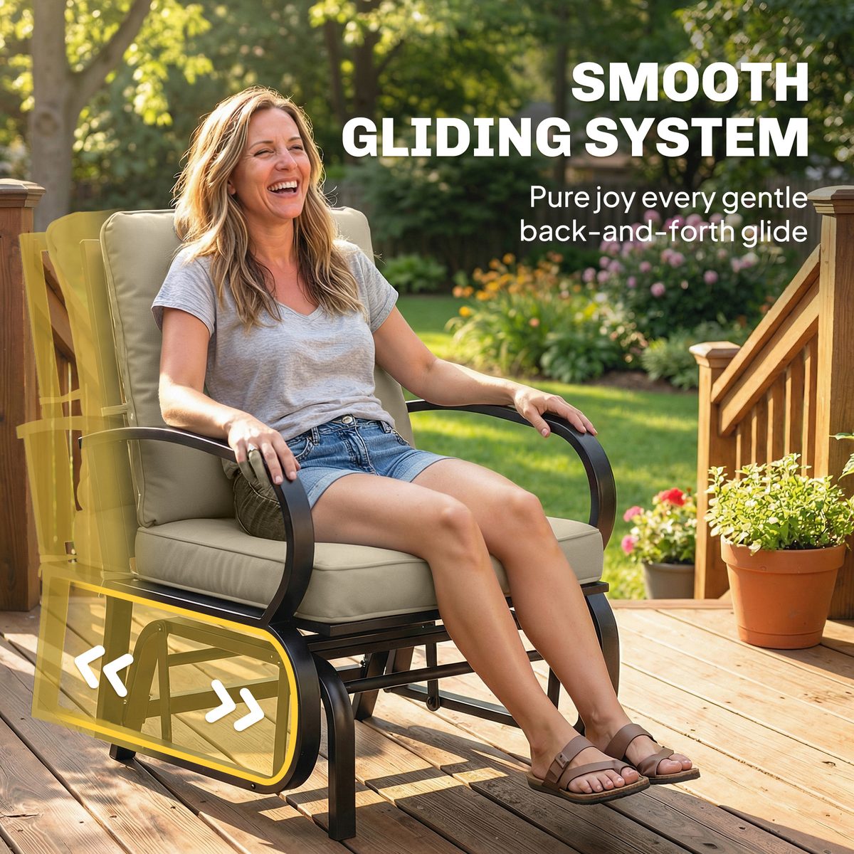  Patio Glider, Outdoor Glider Chair with Cushions, Steel Frame, Curved Armrests, Beige