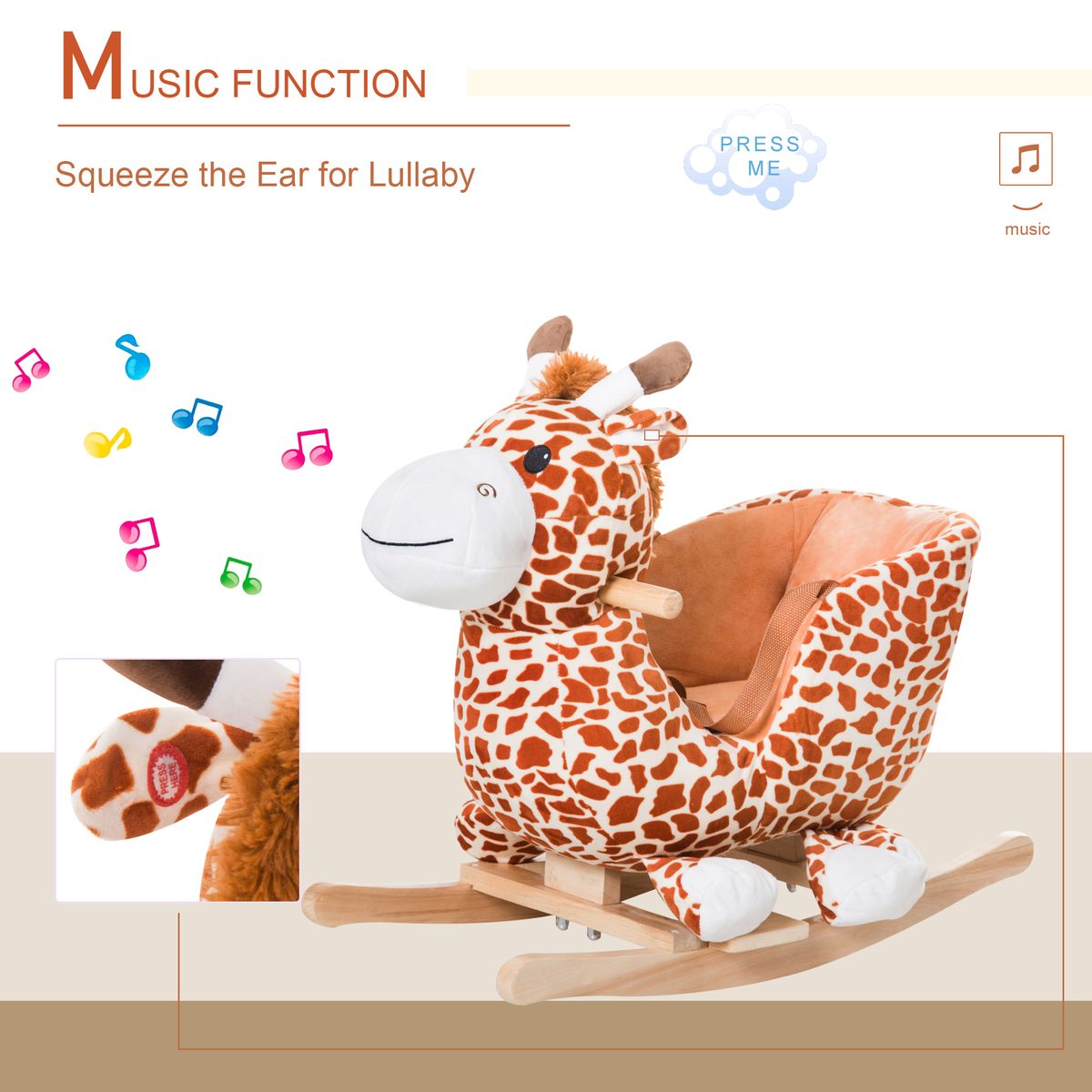 Qaba Wooden Plush Children Kids Rocking Horse Chair for Toddlers with Sound and Safety Belt, Giraffe Theme