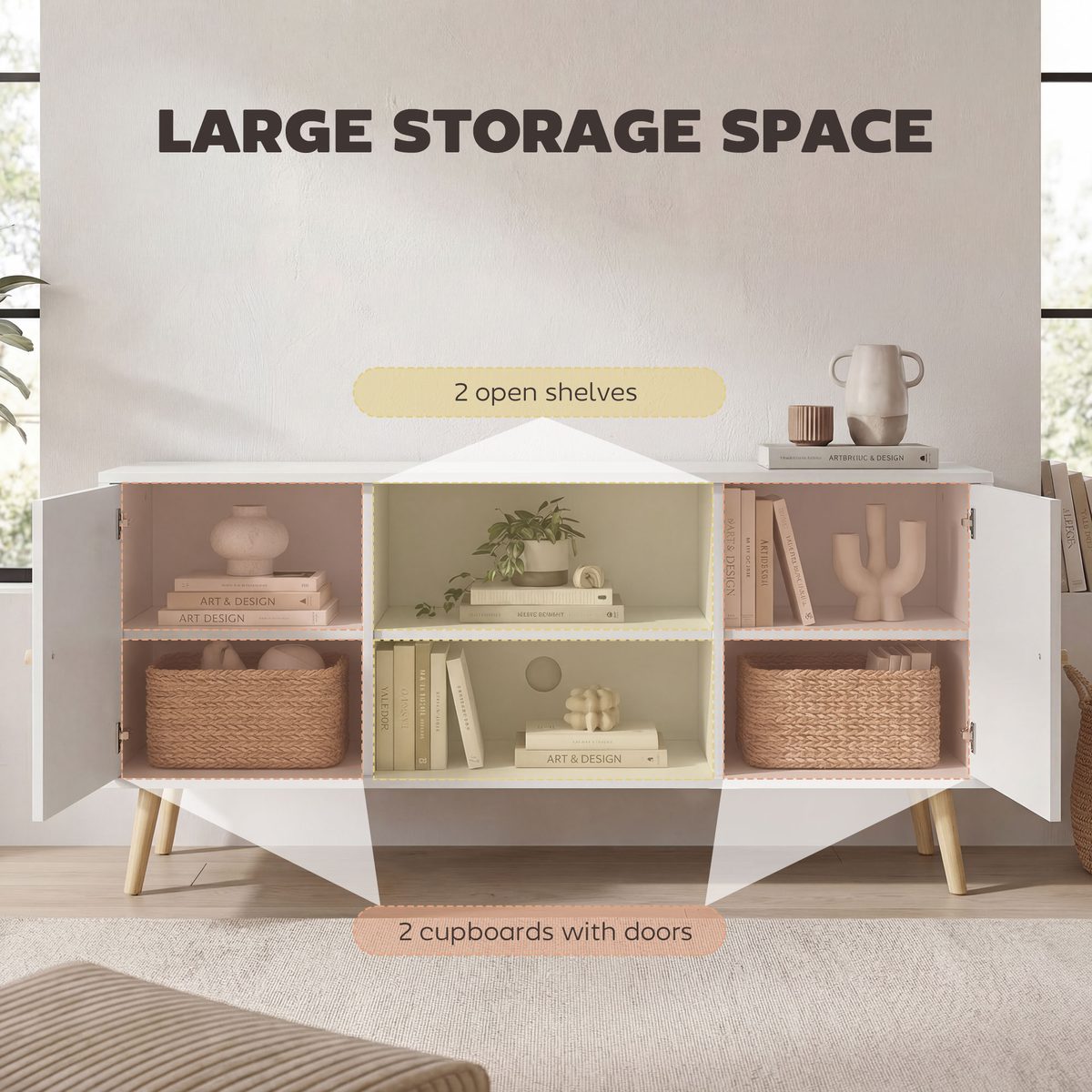  TV Stand Cabinet for TVs up to 55 Inches, Entertainment Unit with Storage Shelves and Wood Legs for Living Room, White