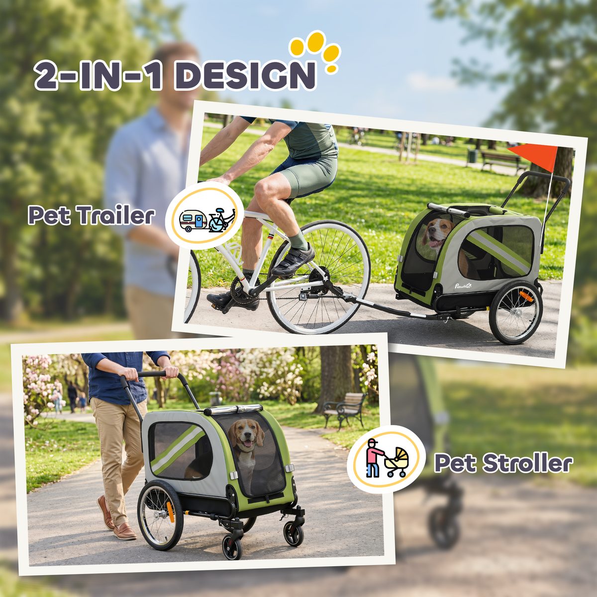  Dog Bike Trailer, 2-in-1 Dog Wagon Pet Stroller for Travel with Universal Wheel Reflectors Flag, Green