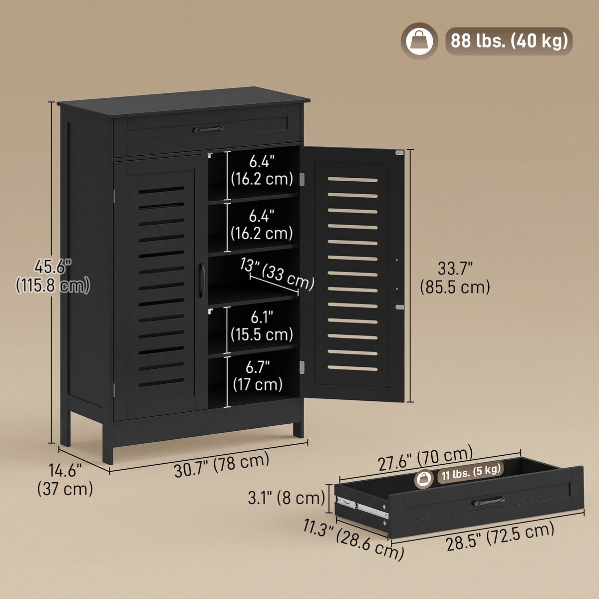  Shoe Cabinet with Louvered Doors, Modern Shoe Storage Cabinet with Drawer and Adjustable Shelves, Black