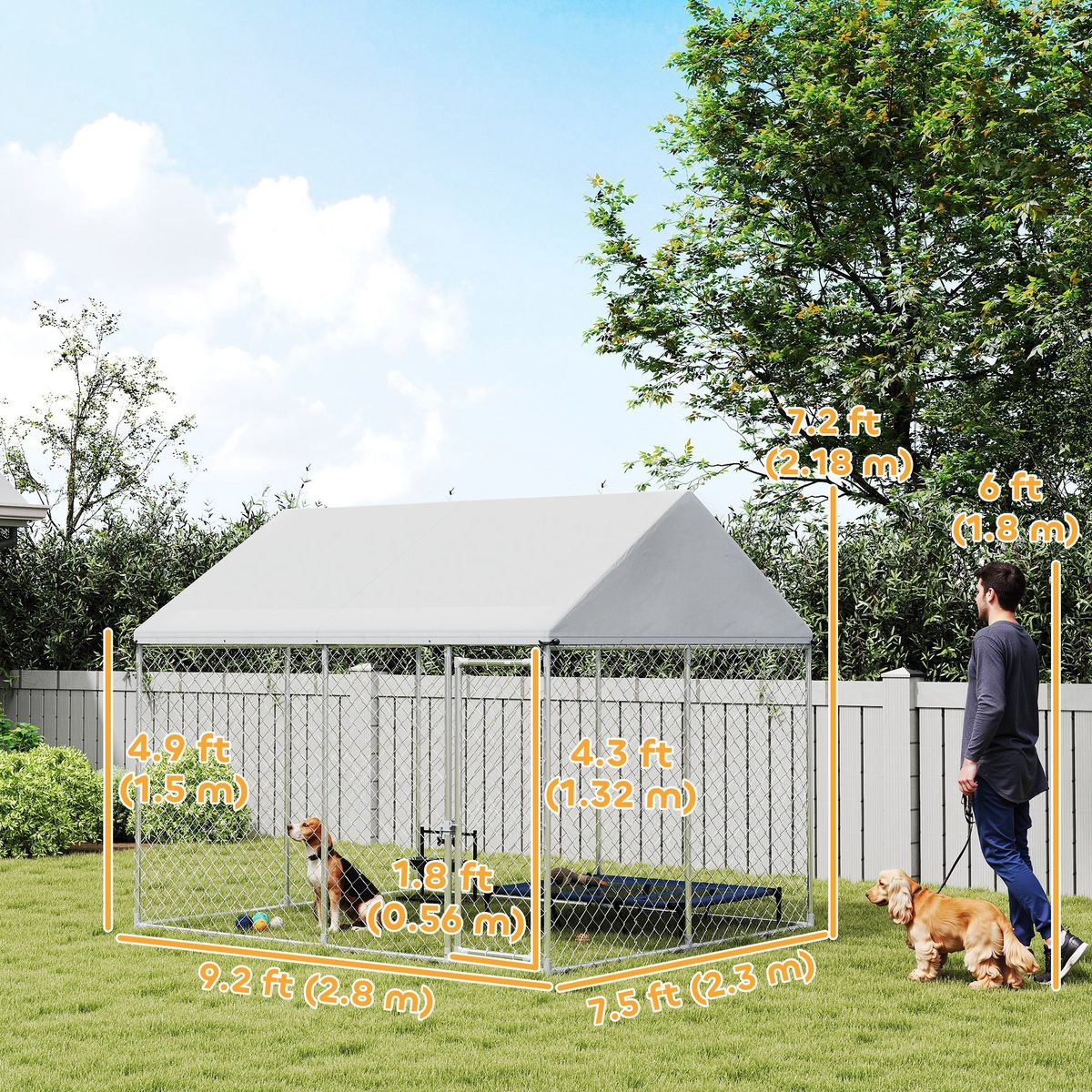  Heavy Duty Galvanized Steel Outdoor Dog Kennel with Waterproof Roof, Safety Lockable Latch System, 9.2' x 7.5' x 7.2'