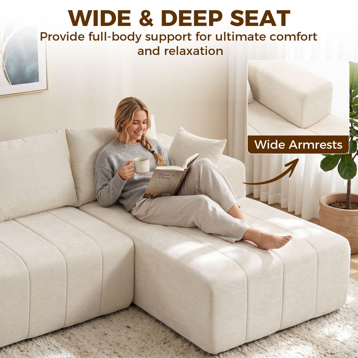 101" Modular Sectional Sofa with Chaise, Chenille Boneless Cloud Sofa Bed, 3 Seater L-Shaped Couch, No Assembly, Beige