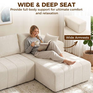  101" Modular Sectional Sofa with Chaise, Chenille Boneless Cloud Sofa Bed, 3 Seater L-Shaped Couch, No Assembly, Beige