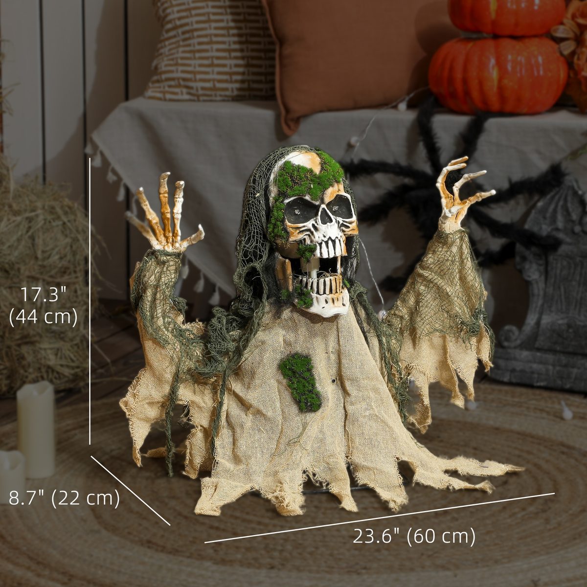  Halloween Animated Skeleton with Glowing LED Eyes, Animatronic Halloween Decorations, Battery Operated