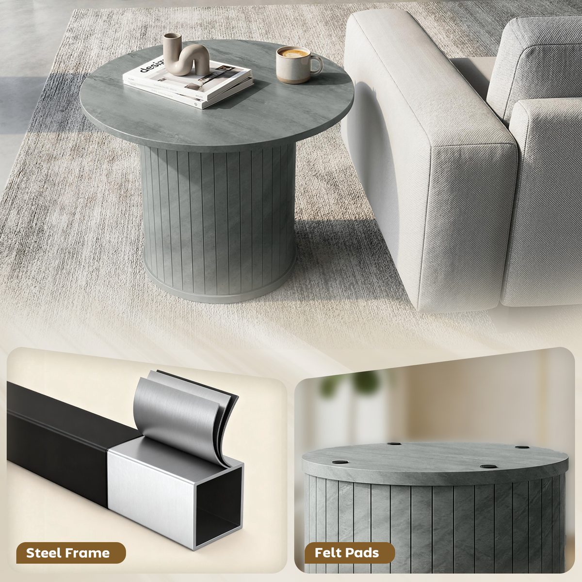  Round Coffee Table, 24" Center Table, Cement Grey