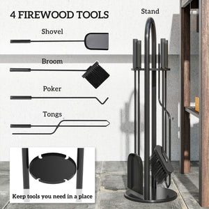  Fireplace Tools Set, 5 Pieces Fireside Accessories with Brush, Shovel, Poker, A Pair of Tongs, Stand, Black
