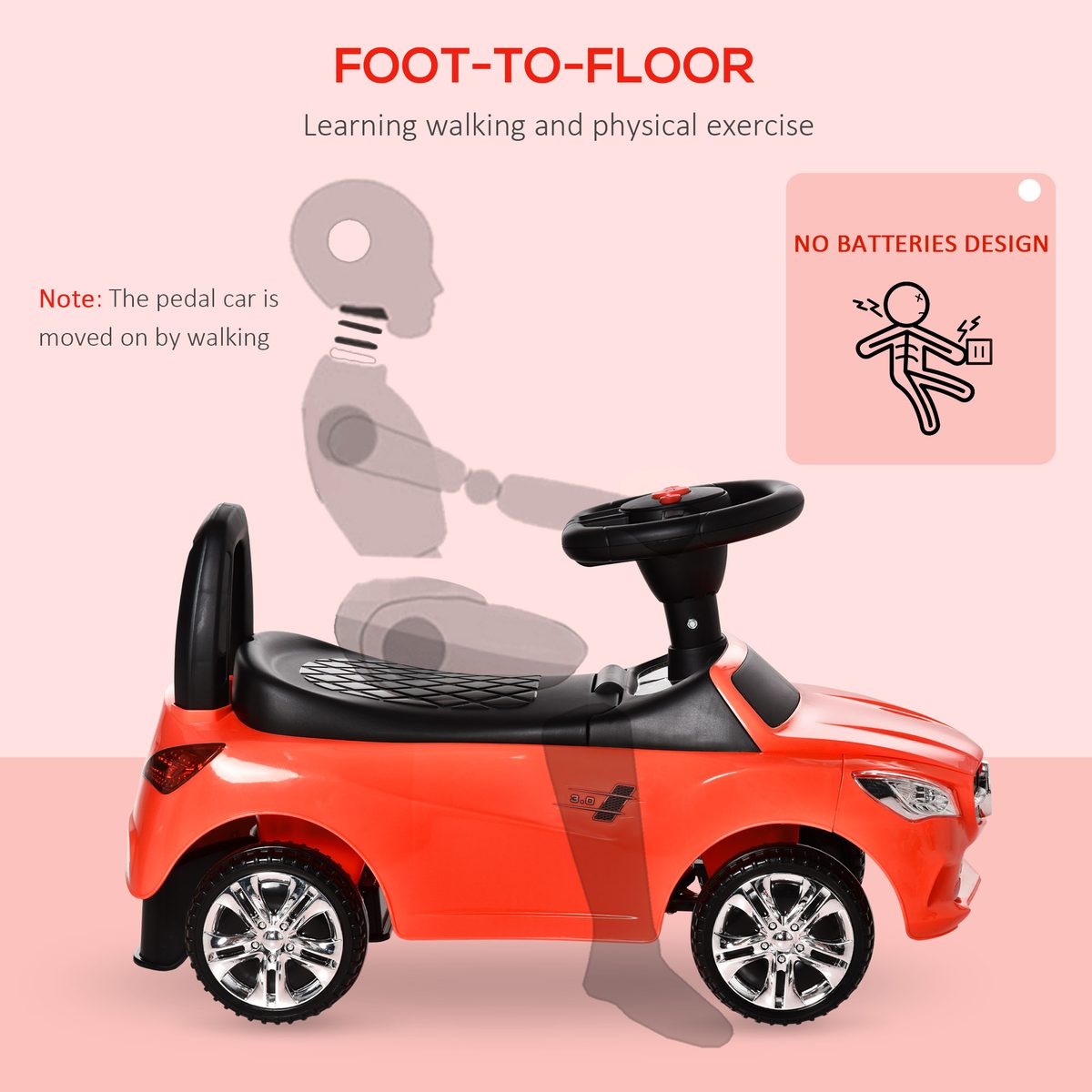 Aosom Kids Ride On Push Car, Foot-to-Floor Walking Sliding Toy Car for Toddler with Under Seat Storage, Music, Headlights Red