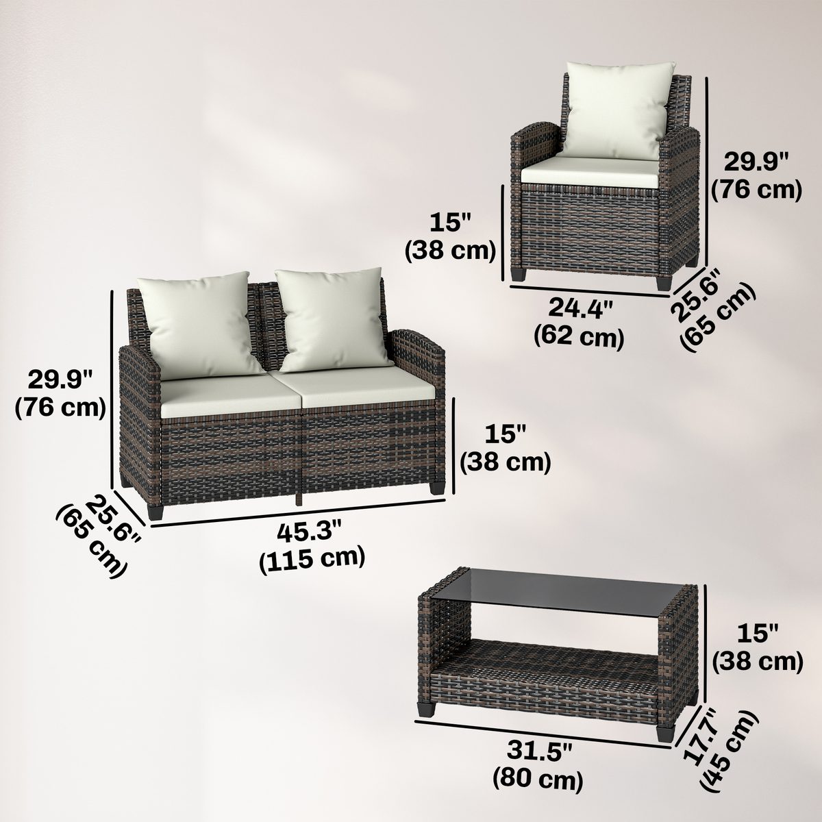 4-Piece Outdoor Wicker Patio Furniture Conversation Set, Includes Loveseat, Chairs and 2-Tier Table with Cushions, Modern Rattan Sofa Set for Backyard, Beige