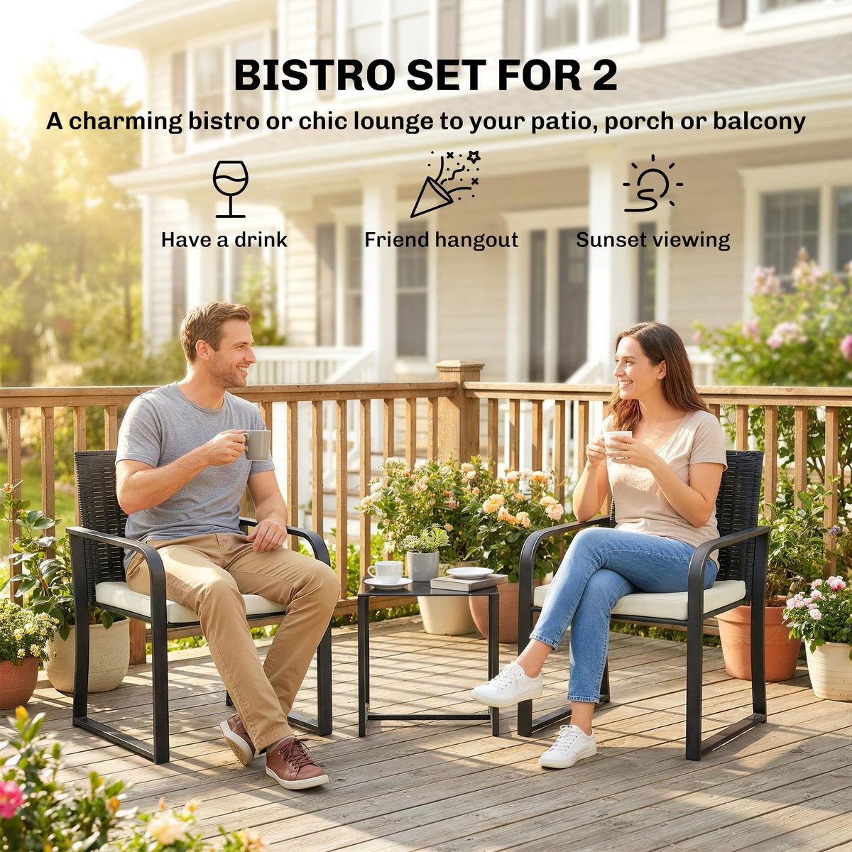  Outdoor Bistro Set, 3 Piece Wicker Patio Furniture with Mesh Seat, Glass Table, Cushions for Porch, Balcony, Cream White