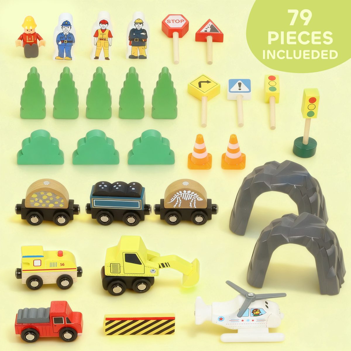 Qaba 79Pcs Wooden Train Set Mine Themed with Crane, Helicopter, Track & Accessories, for Boys & Girls 3+ Years Old