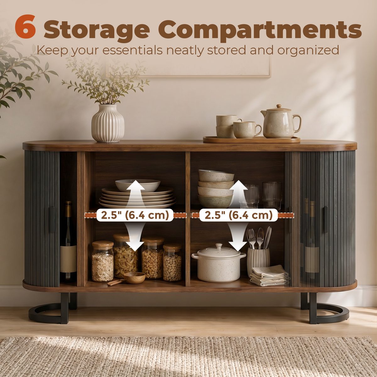  Fluted Sideboard Buffet Cabinet, 55" Modern Coffee Bar Cabinet with Sliding Doors and Adjustable Shelves, Black
