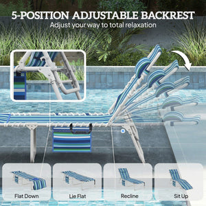  Tanning Chair with Face Hole and Side Table, Folding Outdoor Lounge Chair with Carry Straps, Side Pocket, Blue Stripe