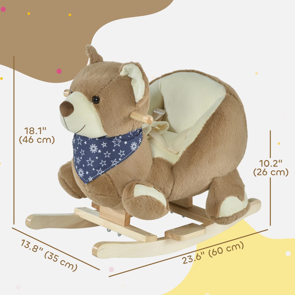Qaba Baby Rocking Horse Bear Design Plush Stuffed Rocking Chair, Wooden Rocking Horse with Sound, Seat Belt for Boys and Girls Gift, Brown