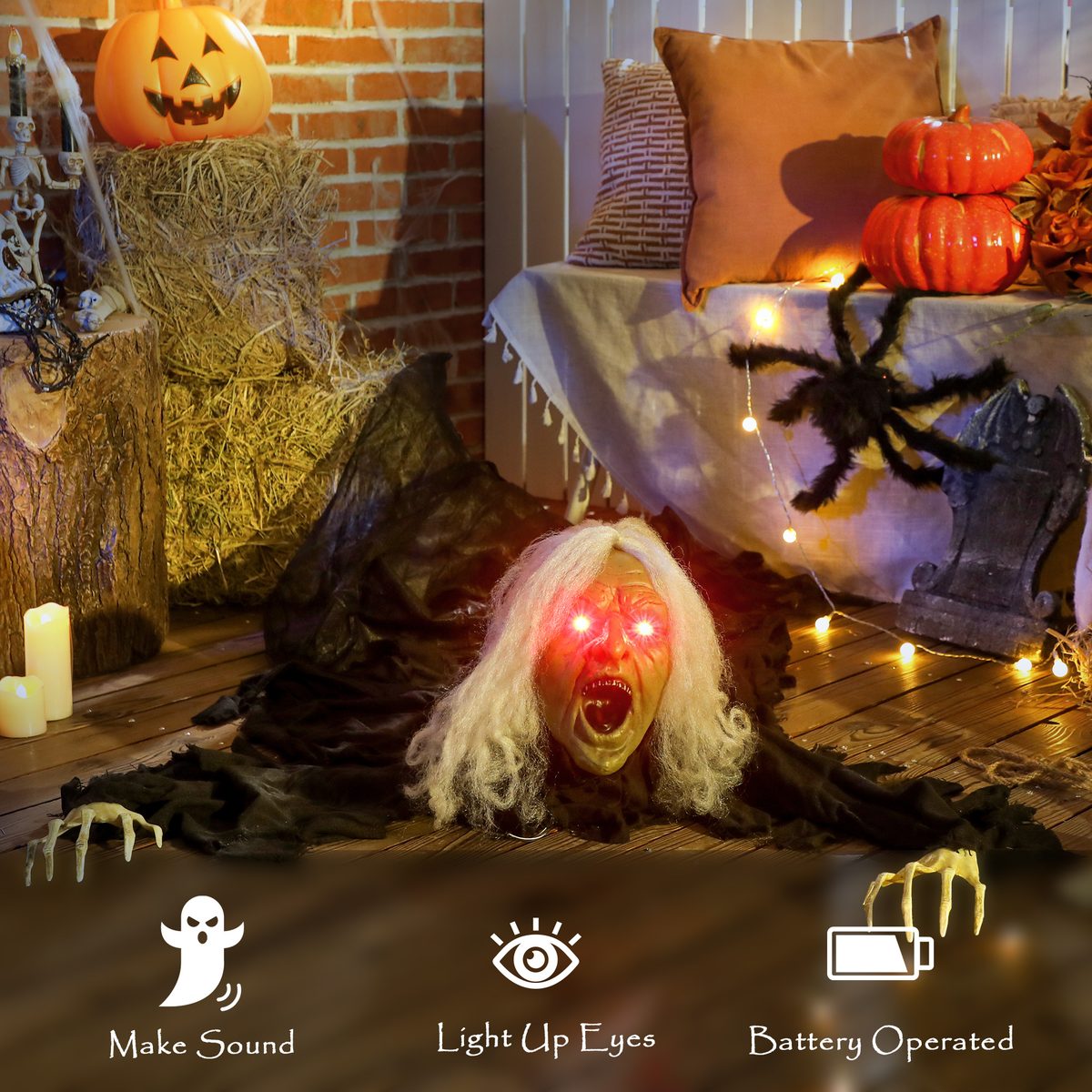  72" Life Size Halloween Animated Crawling Zombie with Glowing LED Eyes, Battery Operated, Indoor Outdoor Party Props