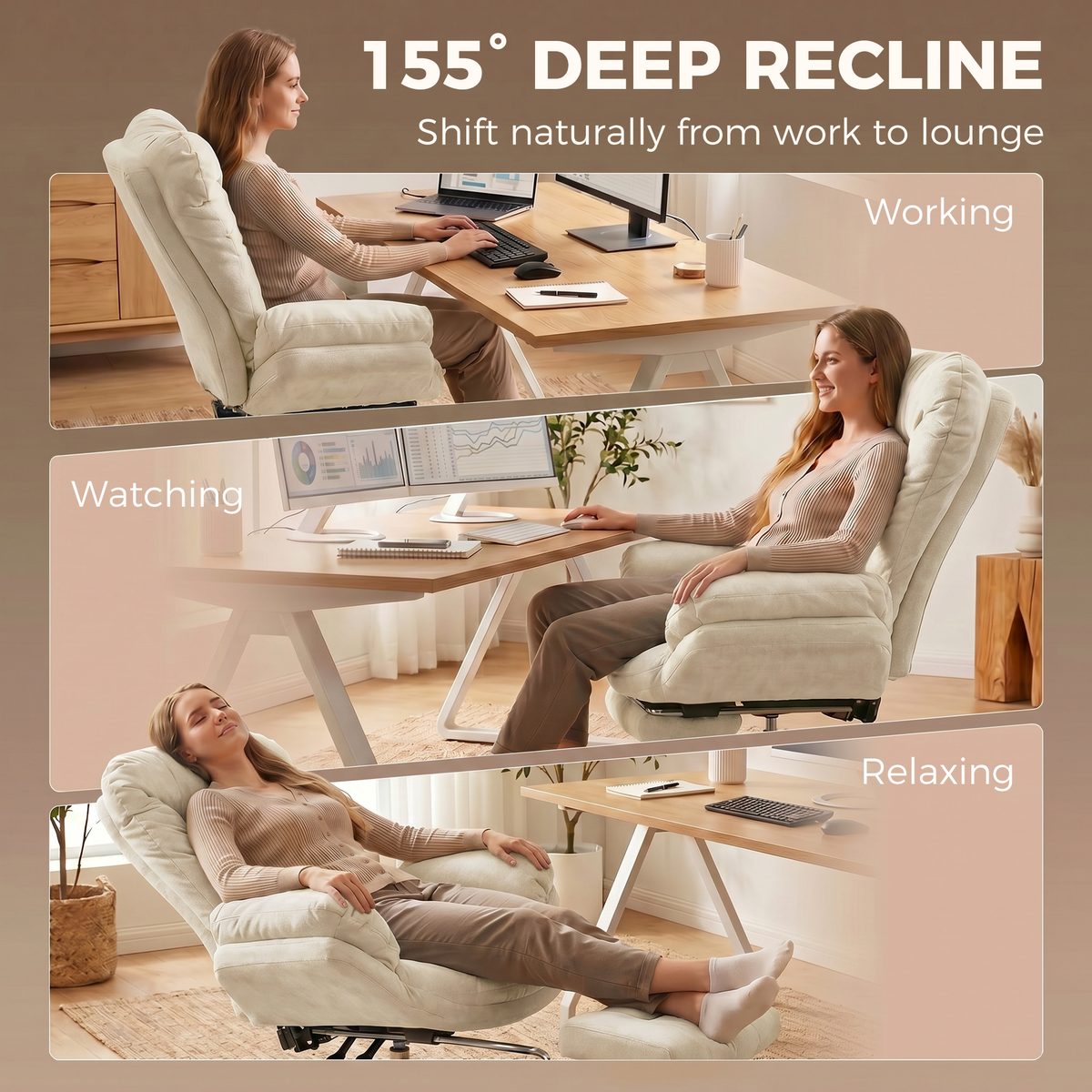  Criss Cross Chair with Wheels, Waterfall Armrests, Overstuffed Wide Office Chair with Footrest, Beige