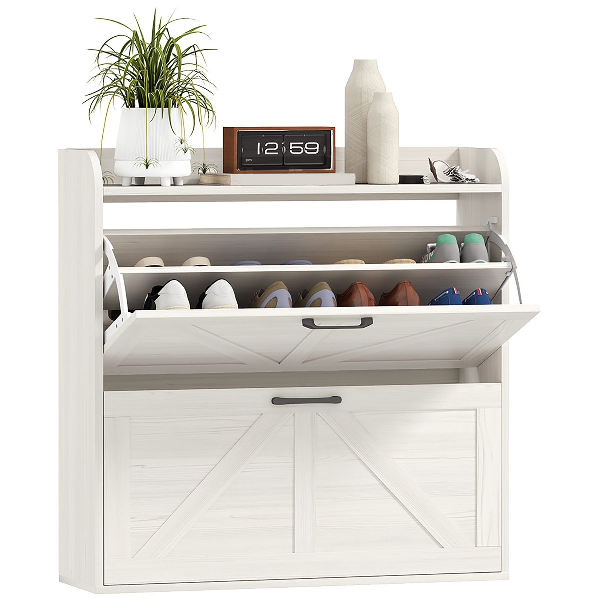  Narrow Shoe Storage Cabinet, Farmhouse Slim Shoe Cabinet with 2 Flip Drawers, Adjustable Shelves, White Oak