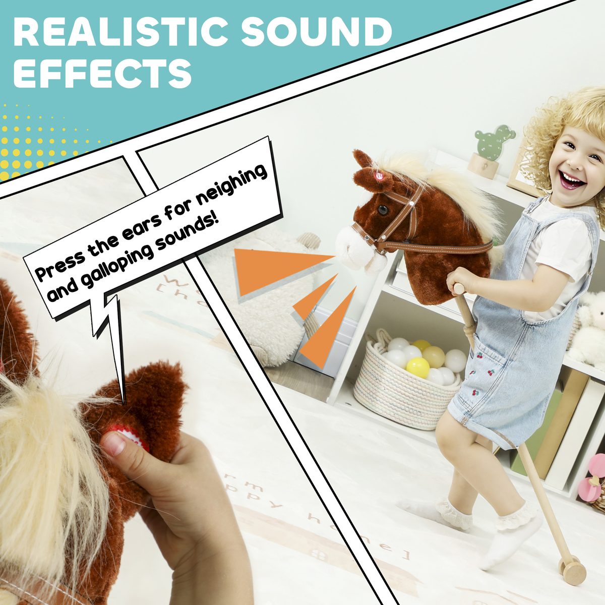 Qaba Unicorn Stick Horse, Plush Hobby Horse with Wood Wheels, Real Pony Neighing and Galloping Sounds, for Kids, Brown