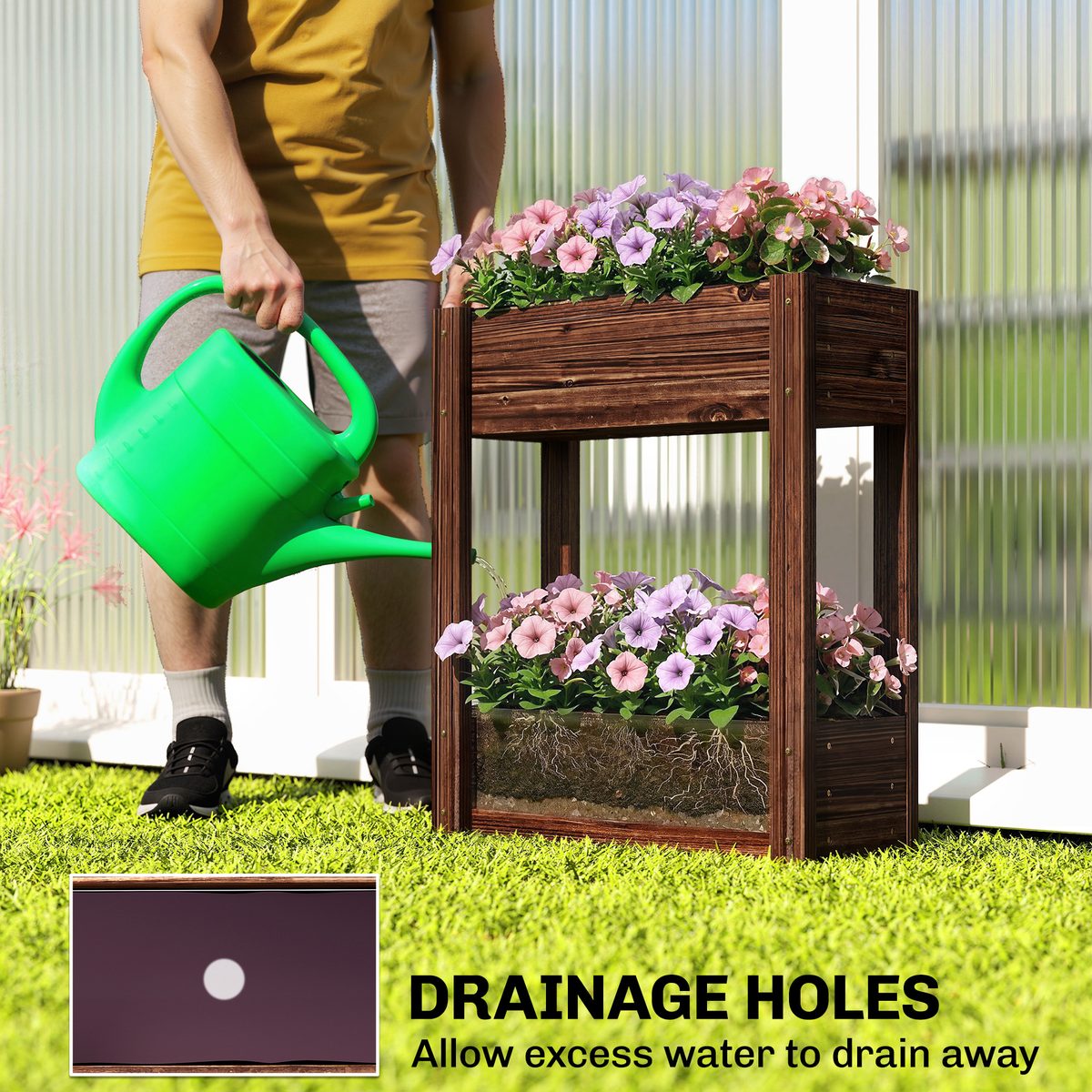  2-Tier Wooden Raised Garden Bed with Legs, 23.6" x 9.8" x 27.6" Elevated Planter Box with Drainage Holes and Bed Liner