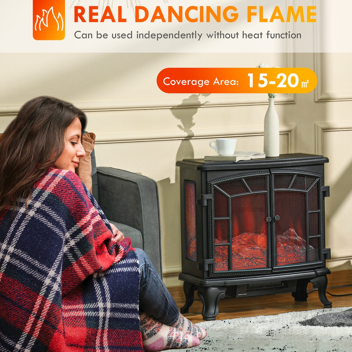  Electric Fireplace Heater, Freestanding Fireplace Stove with Realistic Flame Effect, Timer, Overheating Protection, 750W/1500W, Black