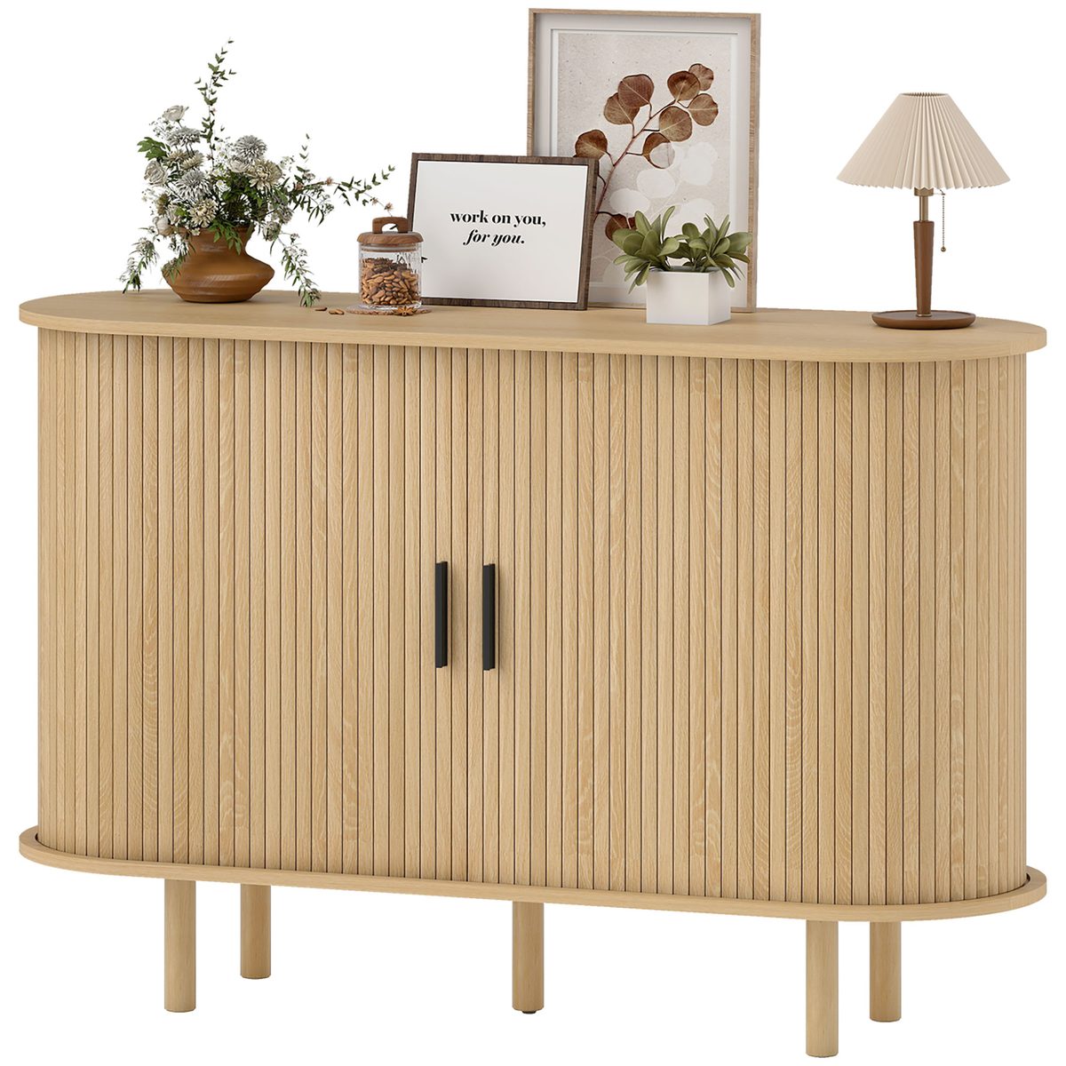 47" Buffet Cabinet with Tambour Sliding Doors, Fluted Sideboard with Storage Shelves and Wooden Legs, Oak