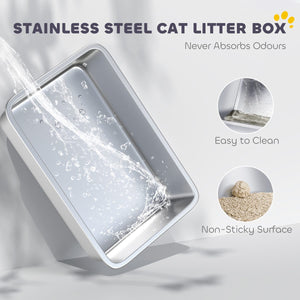  XL Stainless Steel Cat Litter Box for Big and Multiple Cats with High Wall Side, Scoop, Easy Cleaning & Odor Free