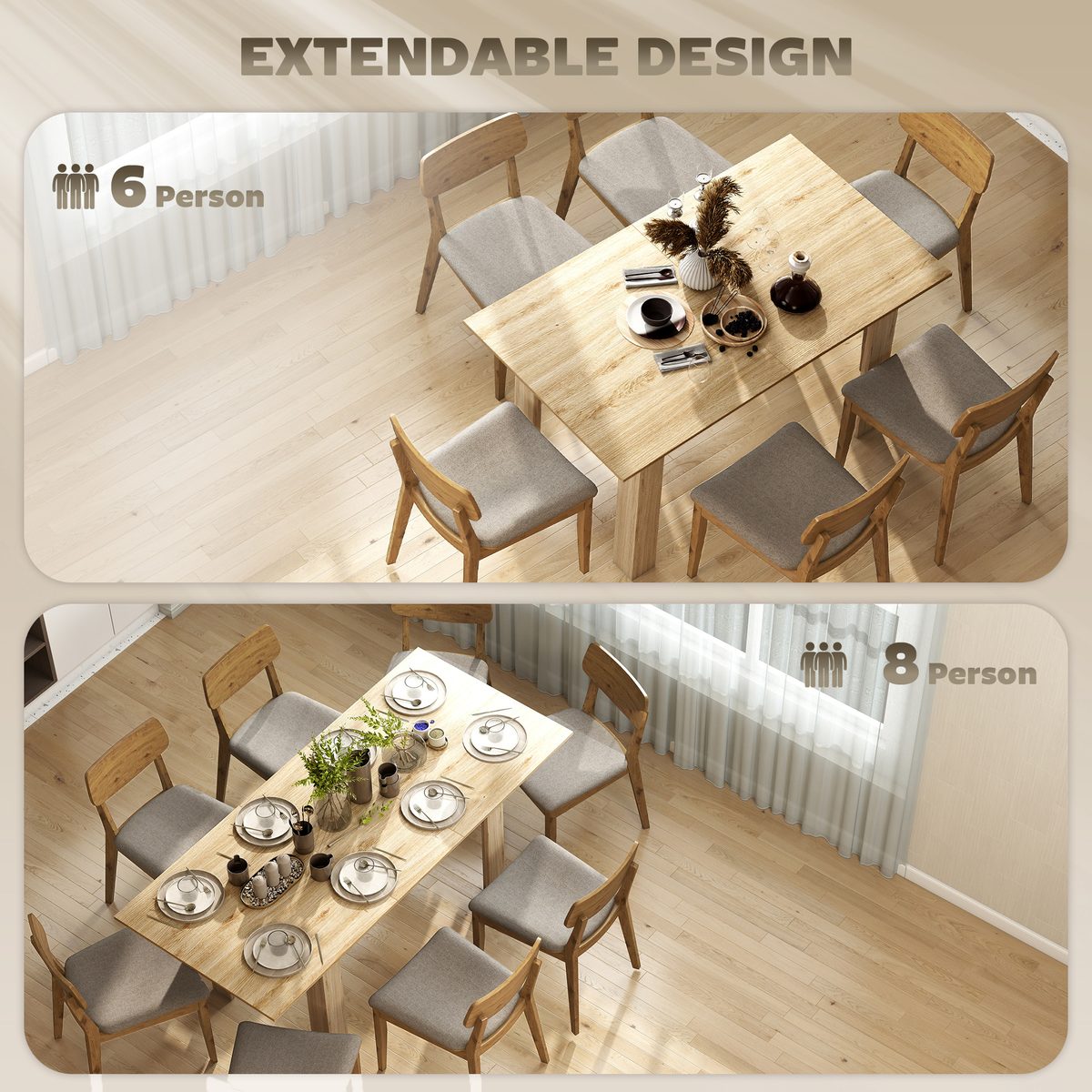  Modern Extendable Dining Table, 55.1 x 31.5 in, for 6-8 People, Expandable Dining Table for Kitchen, Natural Wood