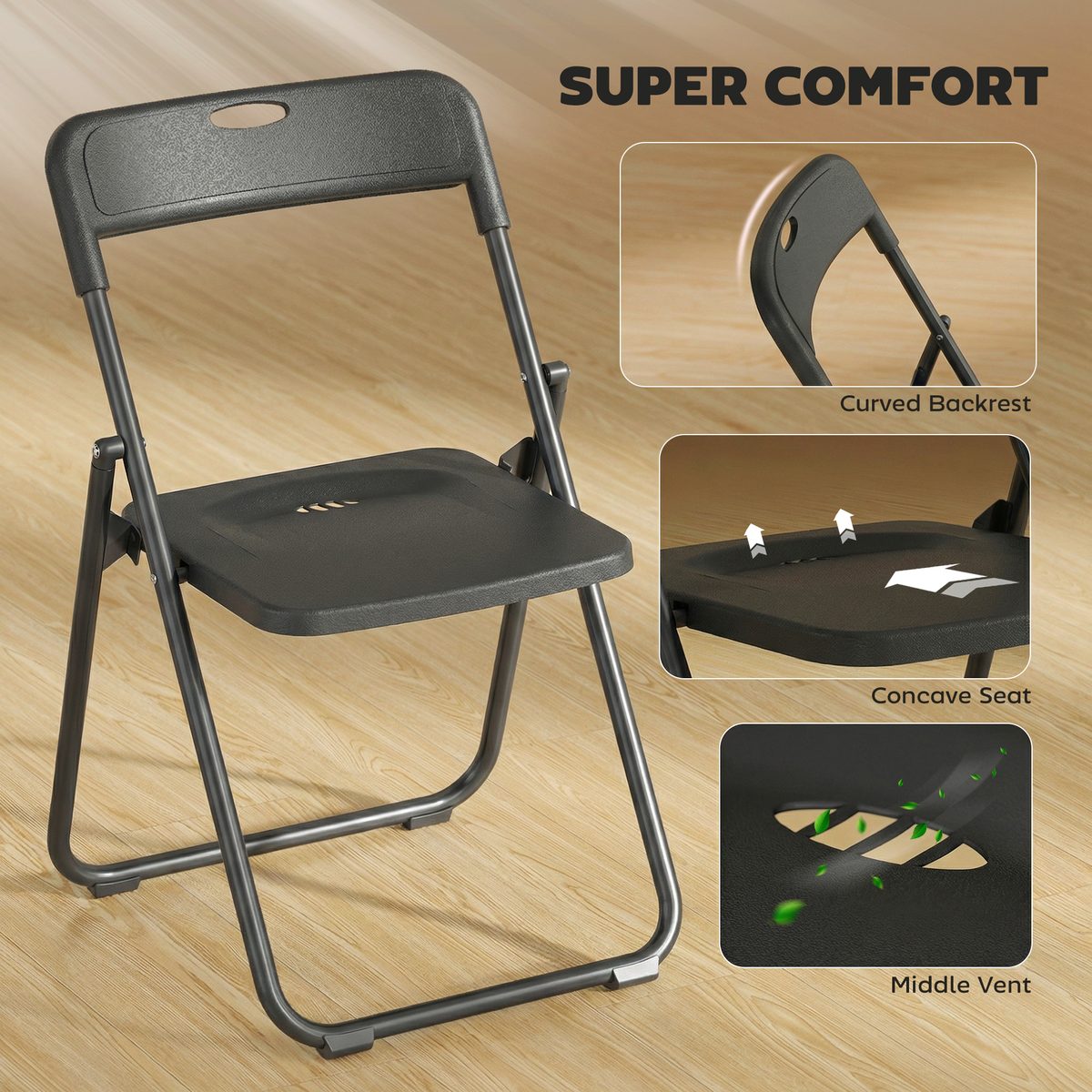  Folding Chairs 6 Pack, Plastic Foldable Chairs with Vent, Carry Hole and Steel Frame for Home, Office, Dining, Black