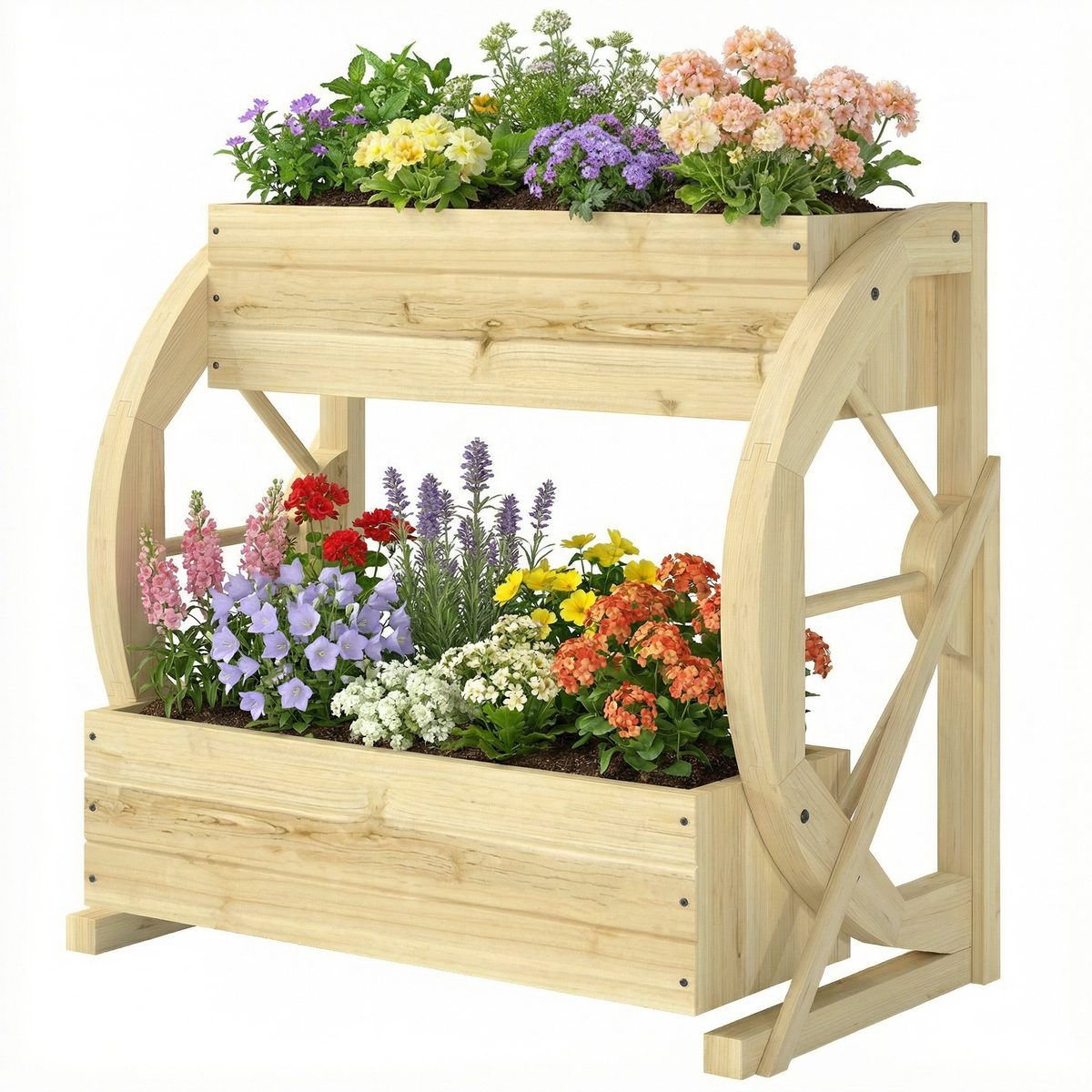  Wooden Wagon Planter Box, 2-Tier Raised Garden Bed, for Vegetables Flowers Herbs, Natural