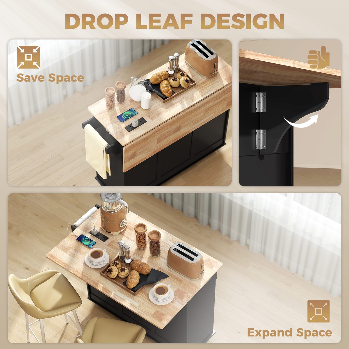  Kitchen Island on Wheels with Wood Drop Leaf, Charging Station, Rolling Kitchen Cart with Adjustable Shelf, Black