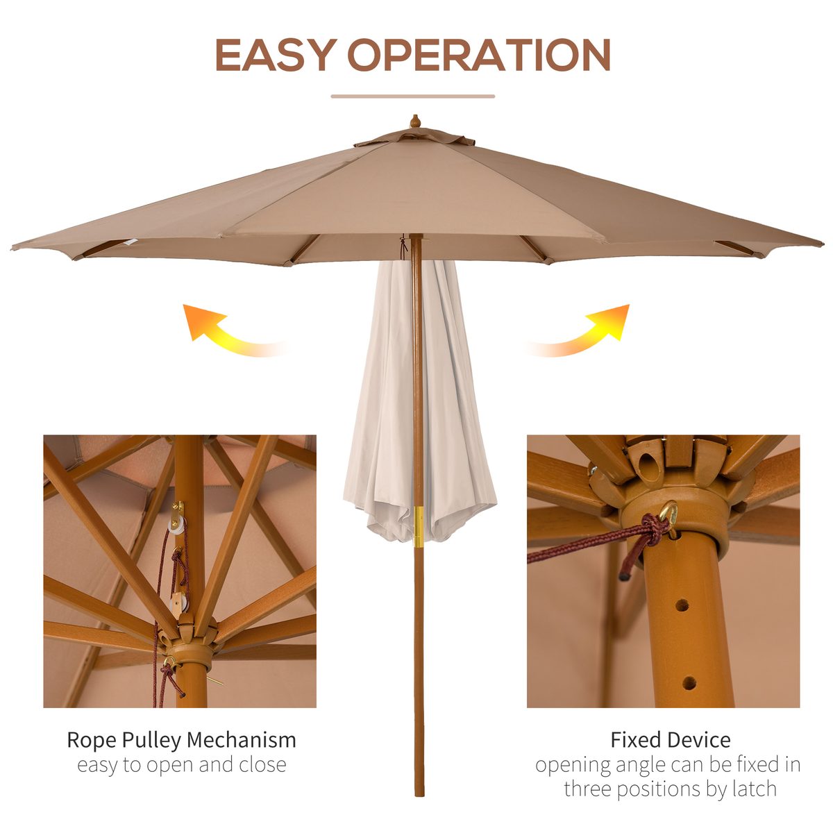  10' x 8' Wooden Patio Umbrella, Garden Parasol, Outdoor Sunshade Canopy with Bamboo Rib for Outdoor, Khaki