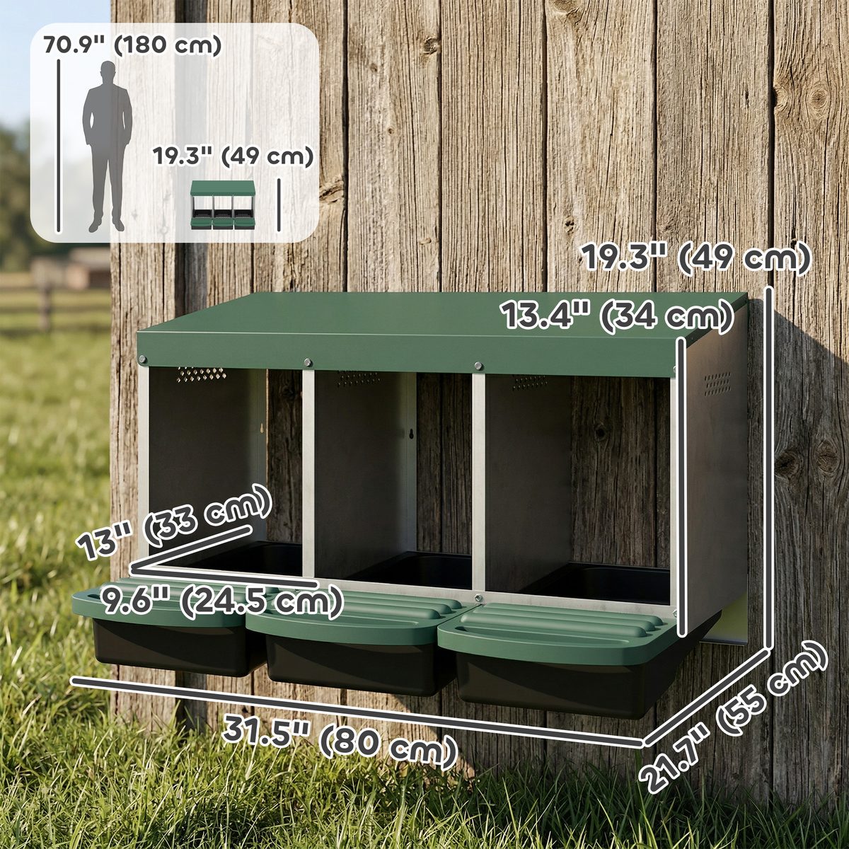  Chicken Nesting Boxes, 3 Compartment Metal Nesting Boxes for Chicken Coop, Egg Laying Boxes with Lid Cover