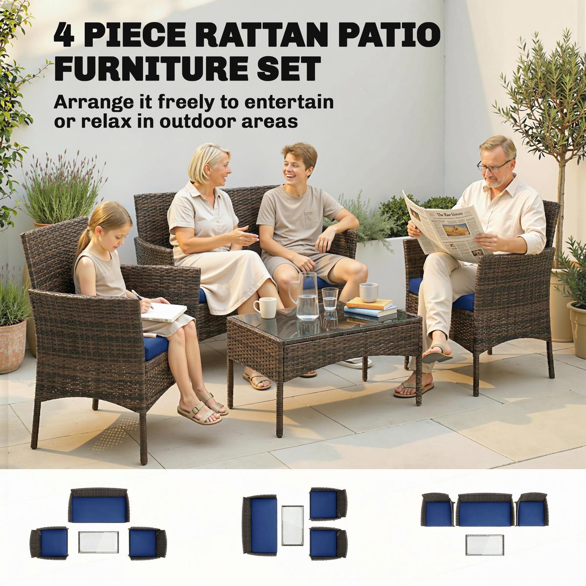  4 Pieces Wicker Outdoor Balcony Furniture Set Rattan Patio Furniture Set with Loveseat Chairs Glass Coffee Table Navy Blue