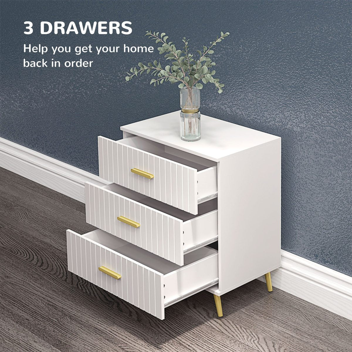  3 Drawer Cabinet, Drawer Chest for Bedroom, Chest of Drawers with Aluminium Legs and Gold Handles, White