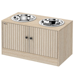  Raised Dog Bowls with Storage, Slow Feeder,  2 Stainless Steel Food and Water Bowl Non-Slip, Oak