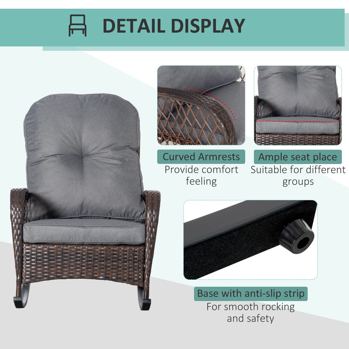  Rattan Rocking Chair, Outdoor Wicker Patio Rocker Chair Furniture with Thick Cushions, for Garden Backyard Porch, Grey