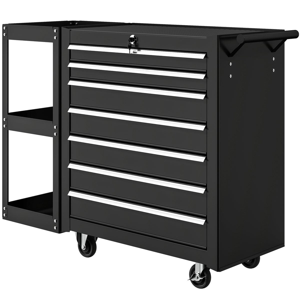  7-Drawer Rolling Tool Chest with Detachable Side Shelf, Lockable Tool Cabinet Box Organizer with Wheels, Black