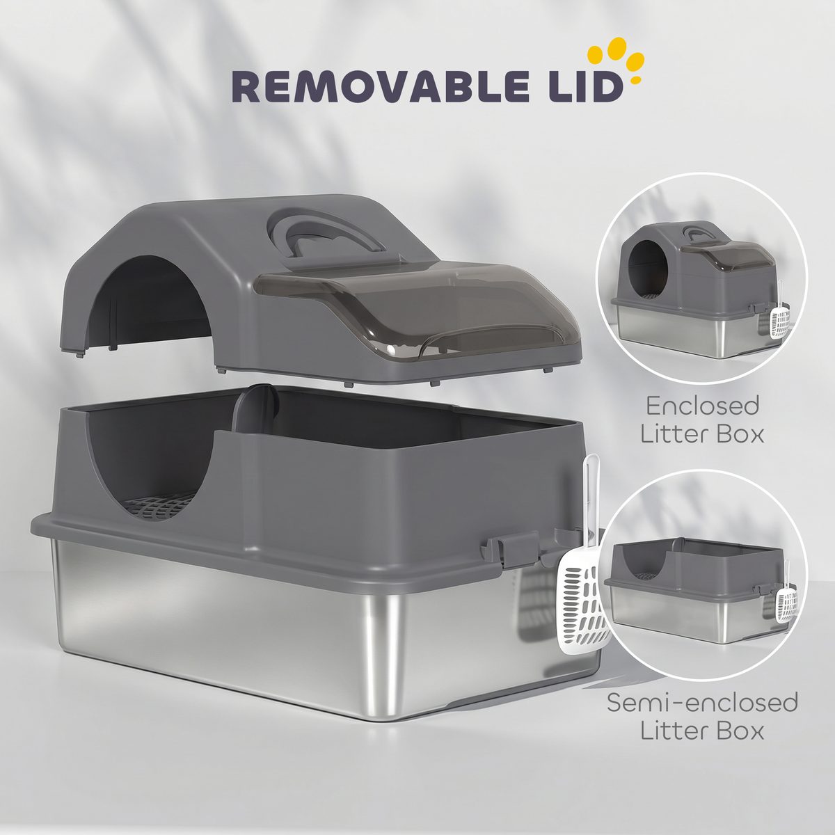 Extra Large Stainless Steel Cat Litter Box w/ High Sided, Removable Lid, Scoop, Odor Free, Non-Sticky, Dark Grey