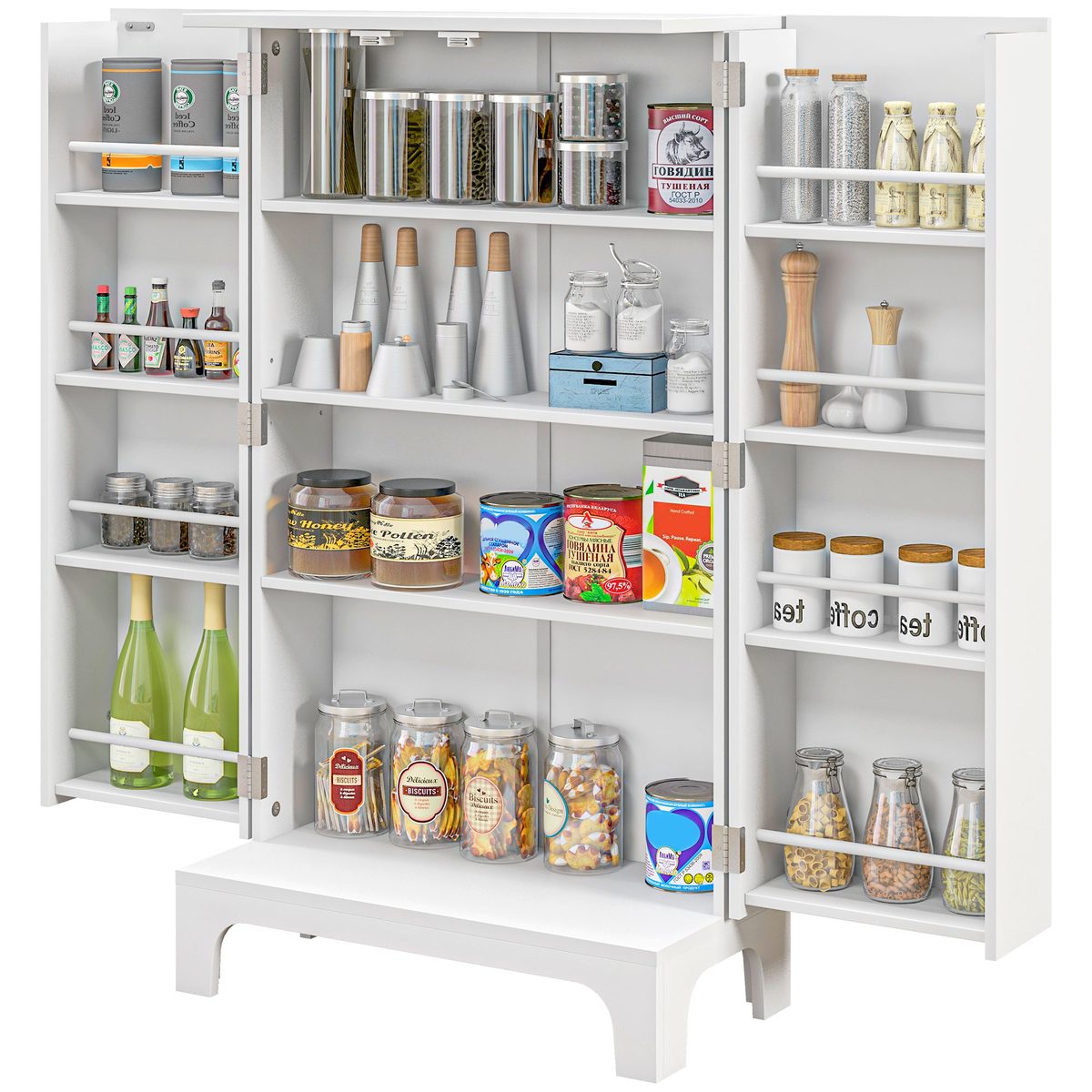  44" Storage Cabinet, 2-Door Kitchen Pantry Cabinet with 4-tier Shelving, 8 Spice Racks and Adjustable Shelves
