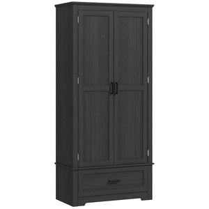  69" Tall Farmhouse Kitchen Pantry Cabinet with 2 Doors, Drawer and Adjustable Shelves, Black Wood Grain