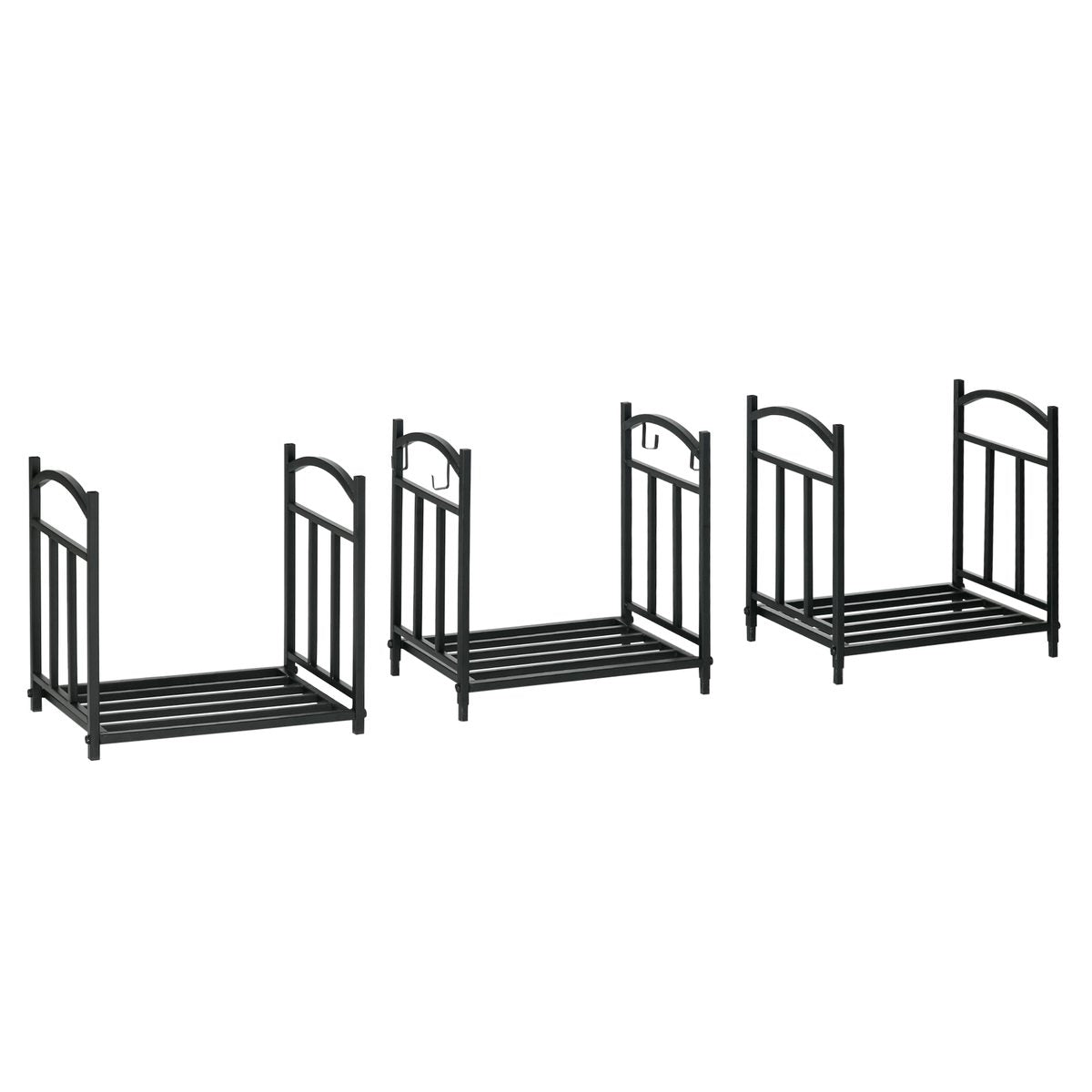  3-Tier Firewood Rack Heavy Duty Wood Storage Log Stacking Shelf with Hanging Hooks, Outdoor Indoor Use, Black
