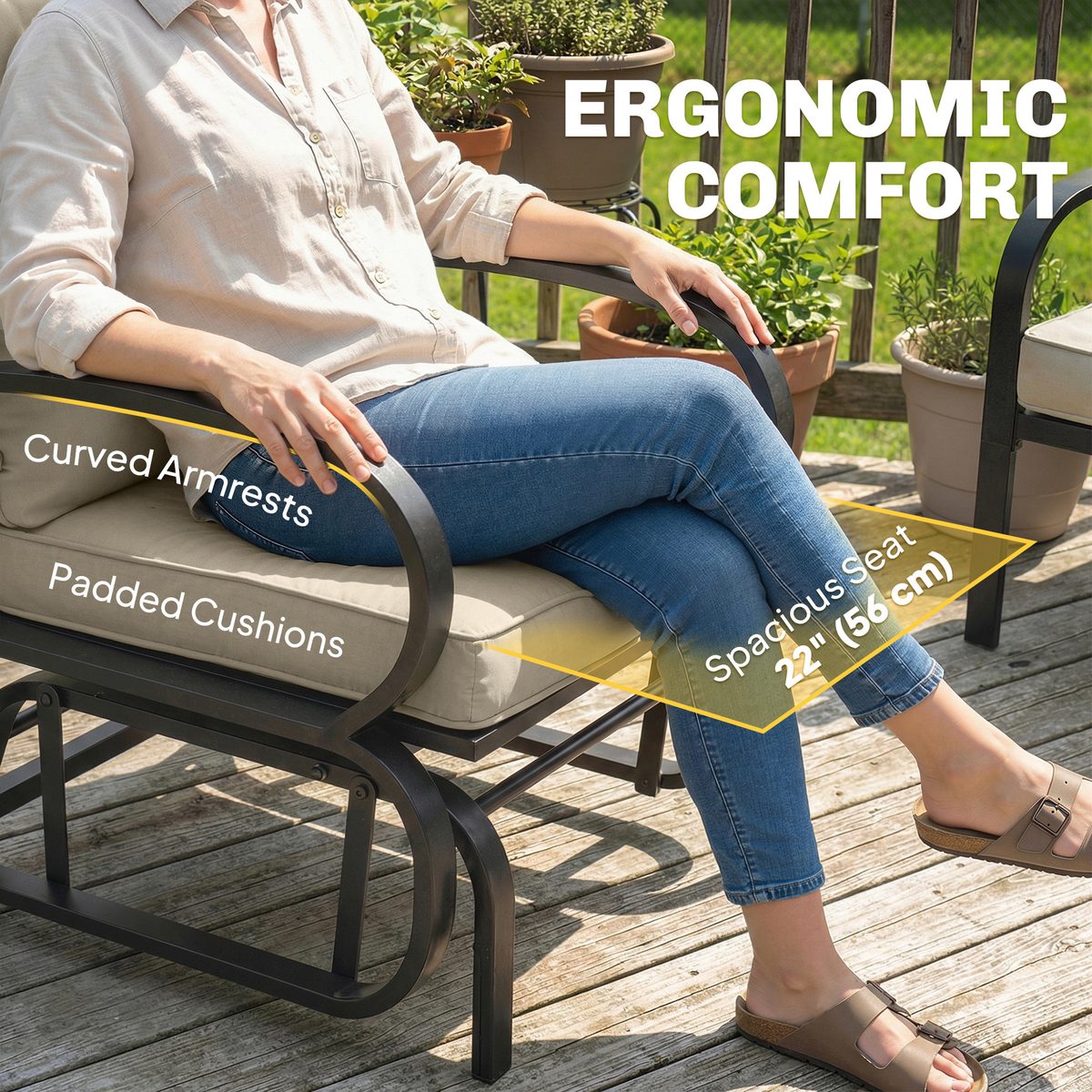  Patio Glider, Outdoor Glider Chair with Cushions, Steel Frame, Curved Armrests, Beige