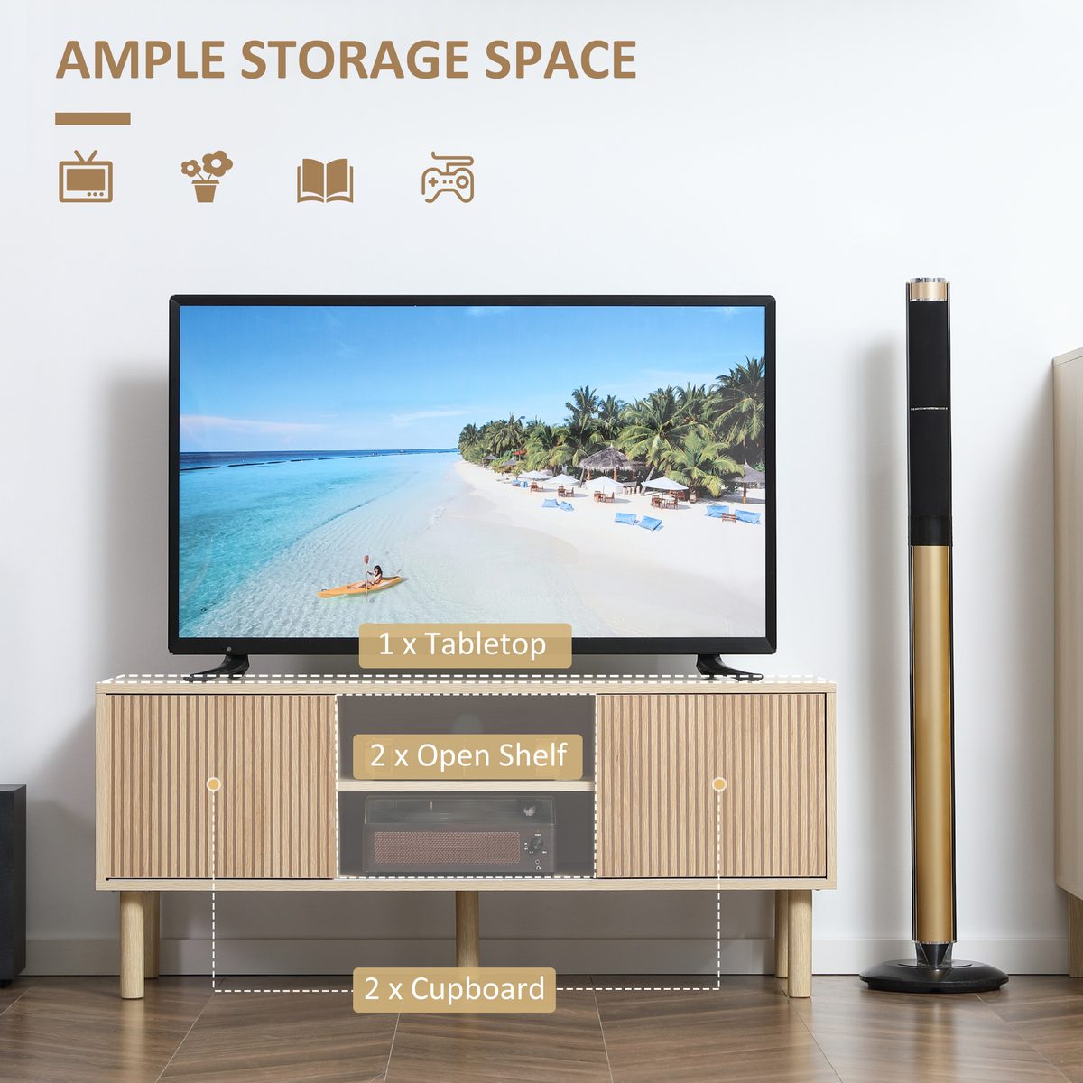  Modern TV Stand for TVs up to 50", TV Cabinet with Storage Shelves for Living Room, Natural